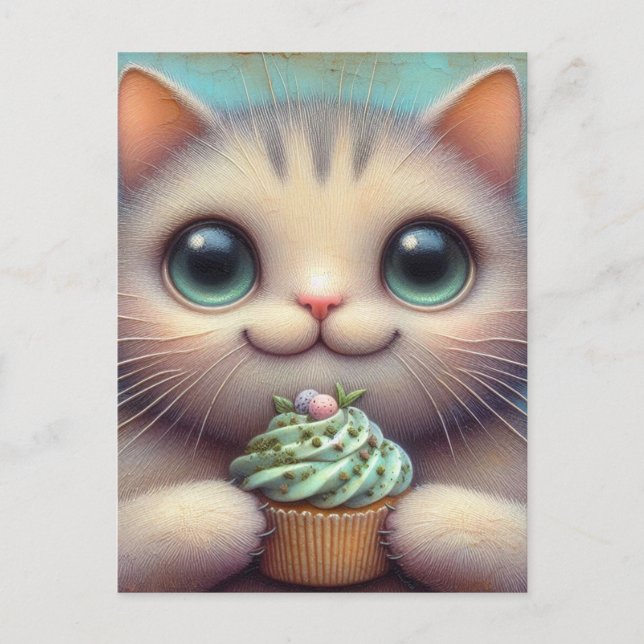 Carte Postale Chat adorable avec gâteau au catnip (Devant)