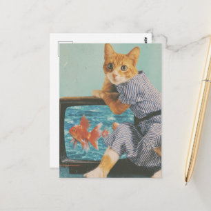 Carte Postale Chat adorable avec poisson rouge à la télévision r