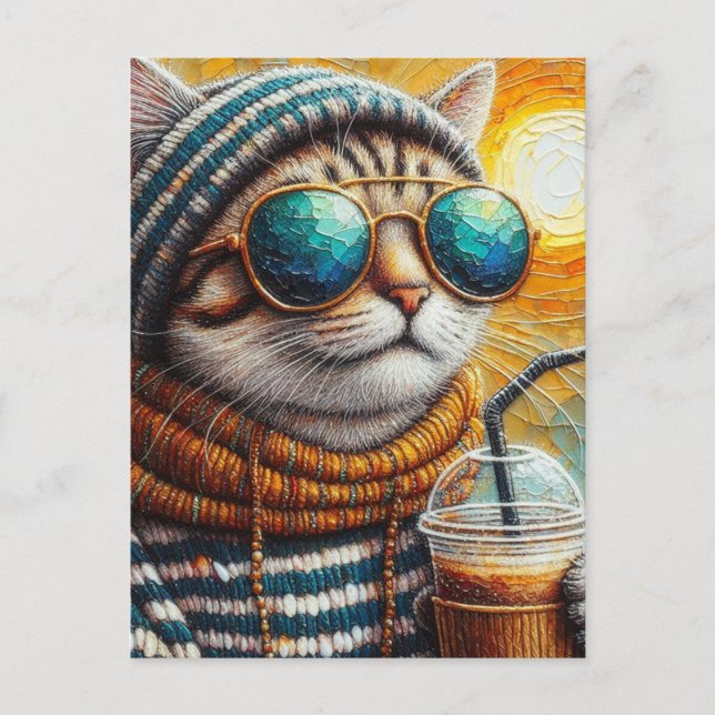 Carte Postale Chat Adorable Avec un Café Glacé (Devant)
