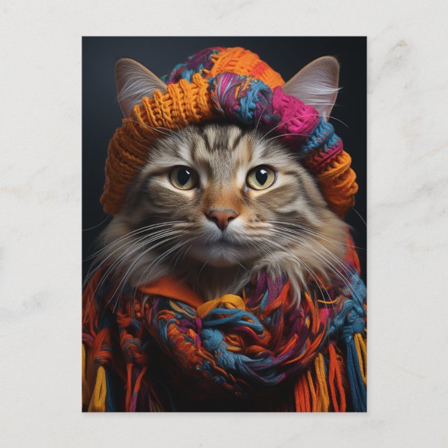 Carte Postale Chat adorable avec une écharpe et un chapeau (Devant)