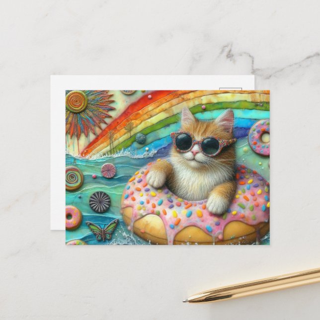 Carte Postale Chat adorable dans un beignet au lac (Devant/Arrière en situation)