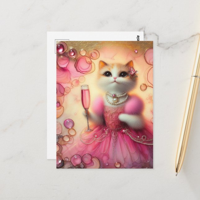 Carte Postale Chat adorable en rose et perles avec un verre à la (Devant/Arrière en situation)