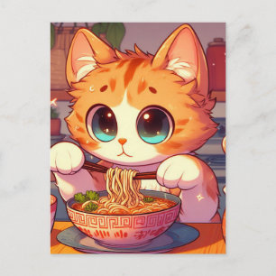 Carte Postale Chat Adorable Mangeant des Nouilles Ramen