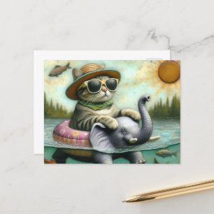 Carte Postale Chat adorable sur un éléphant à la saute de poisso