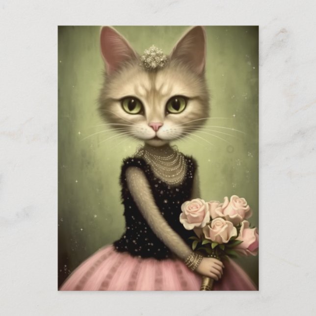 Carte Postale Chat adorable tient des roses roses (Devant)
