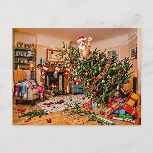 Carte Postale Chat agitant la main depuis l'arbre de Noël (Devant)