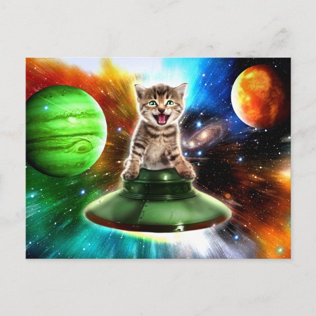Carte Postale Chat Alien dans la soucoupe de l'ufo (Devant)