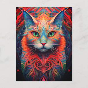 Carte Postale Chat Animal Coloré Art Tribal Psychedelique