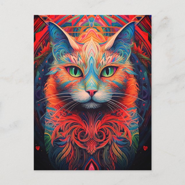 Carte Postale Chat Animal Coloré Art Tribal Psychedelique (Devant)