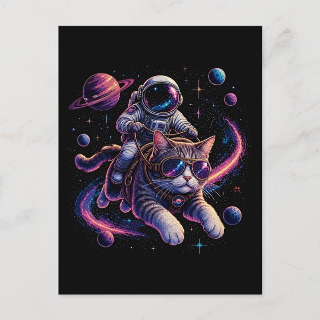 Carte Postale Chat astronaute chevauchant à travers l'espace (Devant)