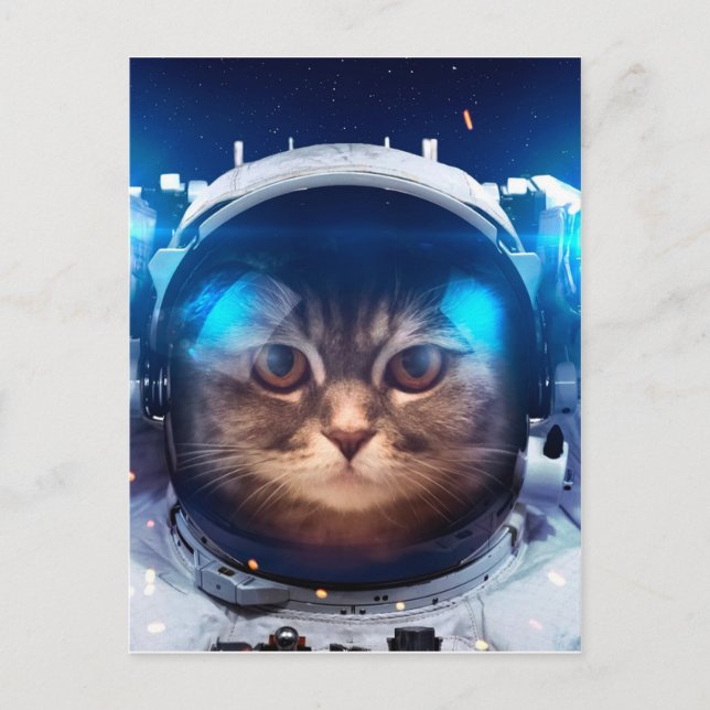 Carte Postale Chat astronaute flotte au-dessus de la Terre (Devant)
