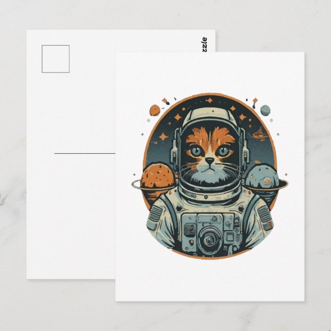 Carte Postale Chat-astronaute sur les astéroïdes (Devant / Derrière)