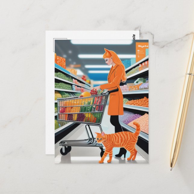 Carte Postale Chat au gingembre à l'épicerie (Devant/Arrière en situation)