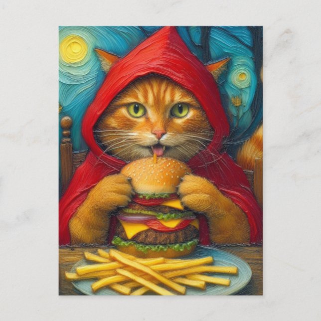 Carte Postale Chat au gingembre avec Cheeseburger et Fries (Devant)