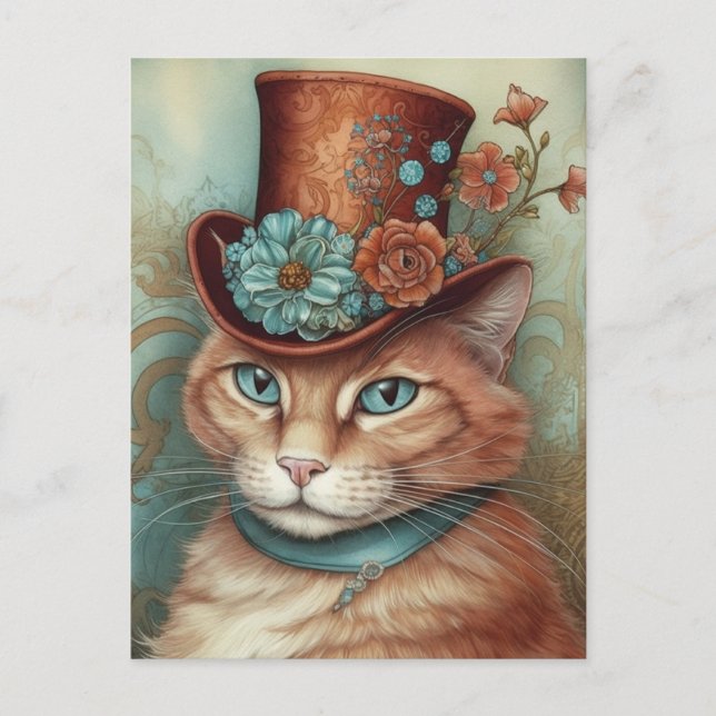 Carte Postale Chat au gingembre dans un tophat (Devant)