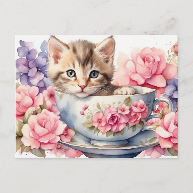 Carte Postale Chat au lavis dans une tasse de thé avec des fleur (Devant)