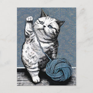 Carte Postale Chat au linogravure jouant avec une pelote de fil