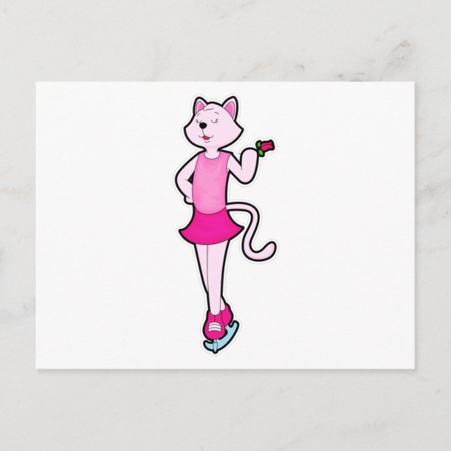 Carte Postale Chat au patinage sur glace avec Fleur (Devant)
