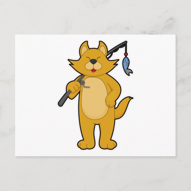 Carte Postale Chat au pêche avec canne à pêche & poisson (Devant)