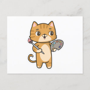 Carte Postale Chat au travail Peinture avec couleur et pinceau