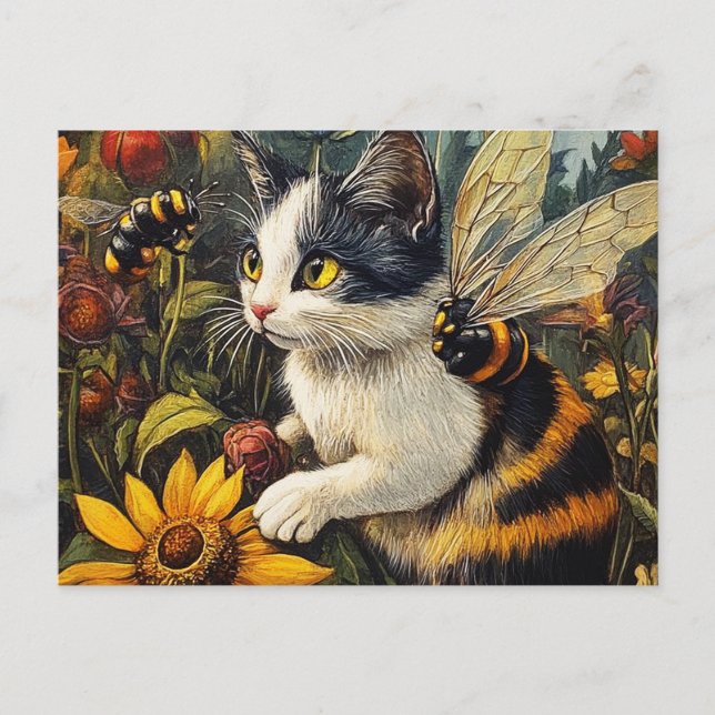 Carte Postale Chat aux abeilles et fleurs (Devant)