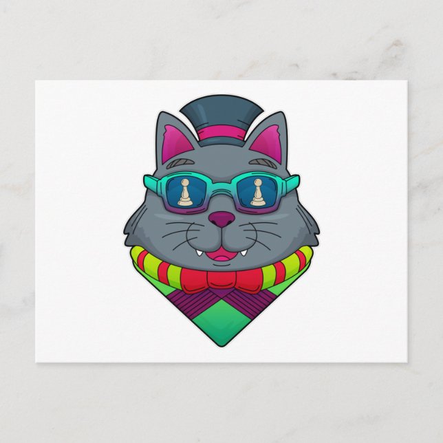 Carte Postale Chat aux échecs avec pièce d'échecs Pawn (Devant)