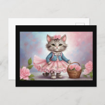 Chat aux fleurs roses en robe avec panier à fleurs