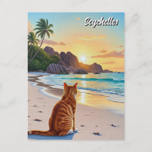 Carte Postale Chat aux Seychelles Anse Source d'Argent Beach