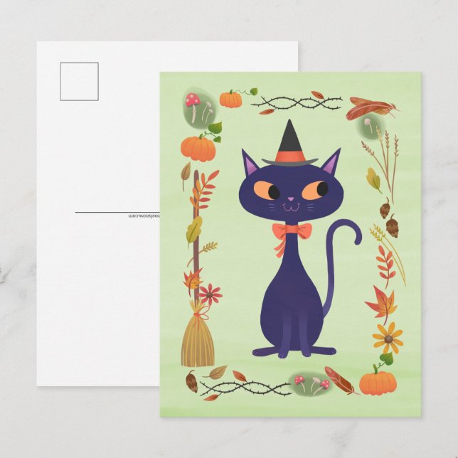 Carte Postale Chat aux Sorcières d'Halloween (Devant / Derrière)