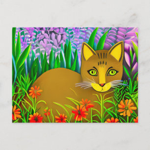 Carte Postale Chat aux yeux verts dans un jardin fleuri 