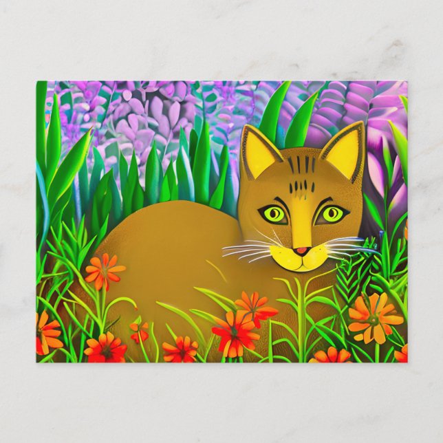 Carte Postale Chat aux yeux verts dans un jardin fleuri  (Devant)