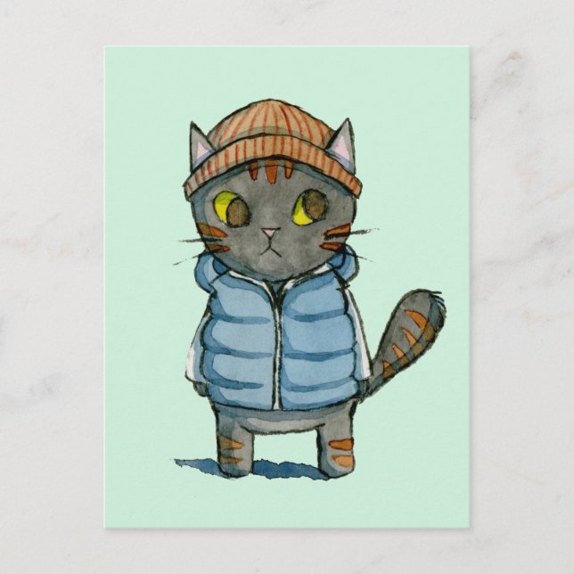 Carte Postale Chat avec Beanie et Aquarelle du gilet de bas (Devant)