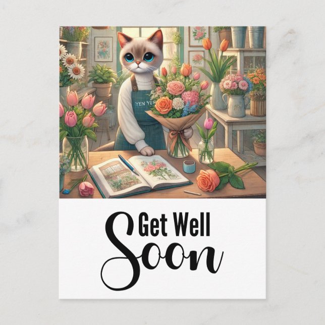 Carte Postale Chat avec beaucoup de fleurs Prompt rétablissement (Devant)