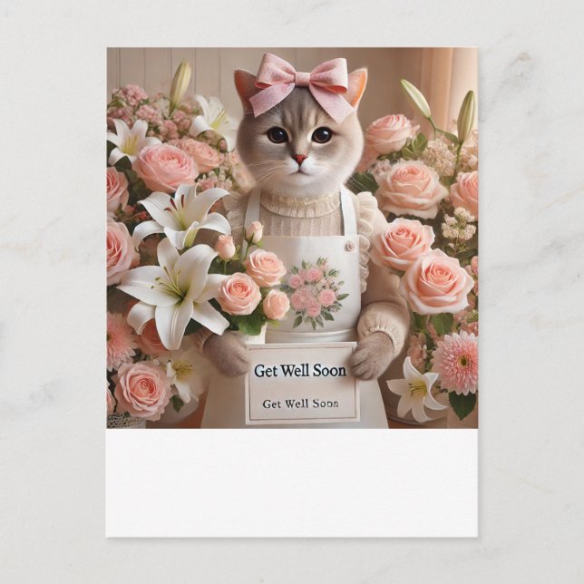 Carte Postale Chat avec beaucoup de fleurs Prompt rétablissement (Devant)