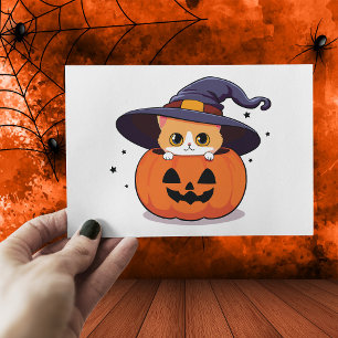Carte Postale Chat avec casquette sorcier à Halloween Jack-O-Lan