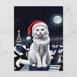 Carte Postale chat avec chapeau santa sur le toit