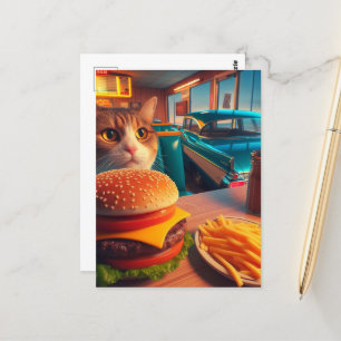 Carte Postale Chat avec Cheeseburger et Fries au Retro Diner