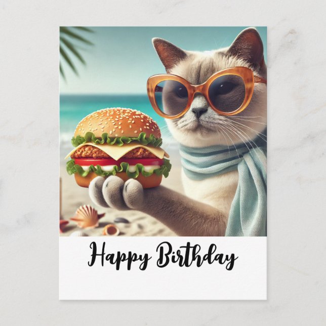 Carte Postale Chat avec Hamburger Joyeux Anniversaire  (Devant)