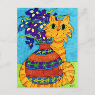 Carte Postale Chat avec Irises à Talavera Vase