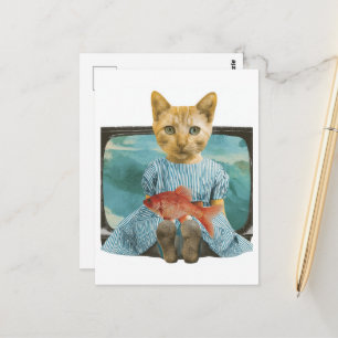 Carte Postale Chat avec poisson rouge à la télé rétro collage