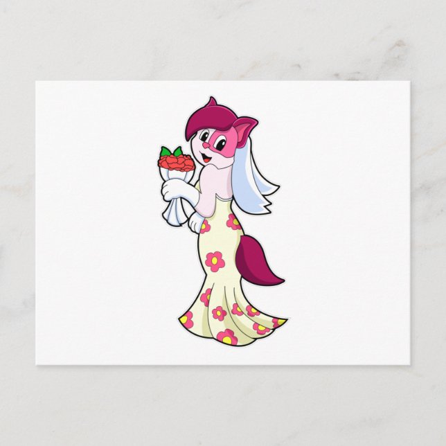 Carte Postale Chat avec robe de mariée et bouquet de fleurs (Devant)