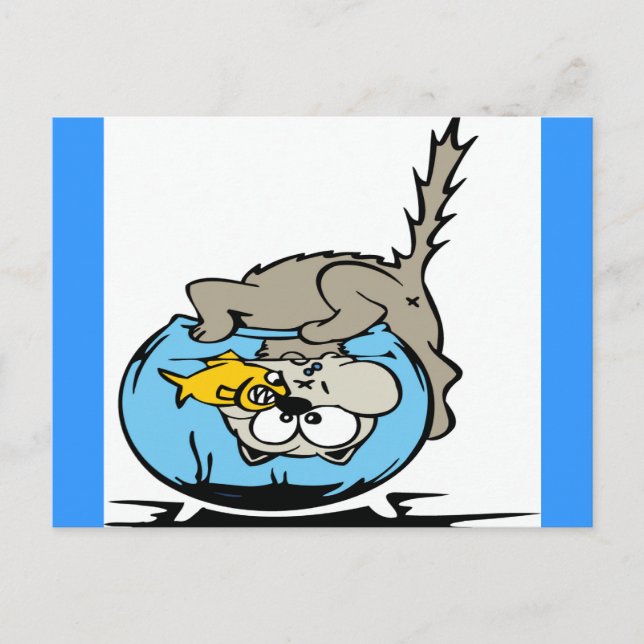 Carte Postale Chat avec sa tête coincée dans un bol de poisson (Devant)