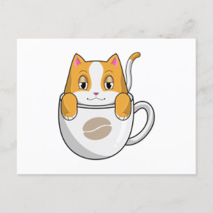 Carte Postale Chat avec une tasse de café