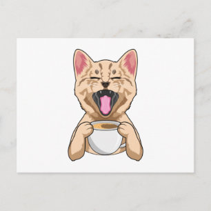 Carte Postale Chat avec une tasse de café