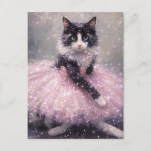 Carte Postale Chat Ballerine Étincelant en Tutu Rose