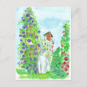 Carte Postale Chat Bird House Hollyhocks Fleurs de Jardin d'été