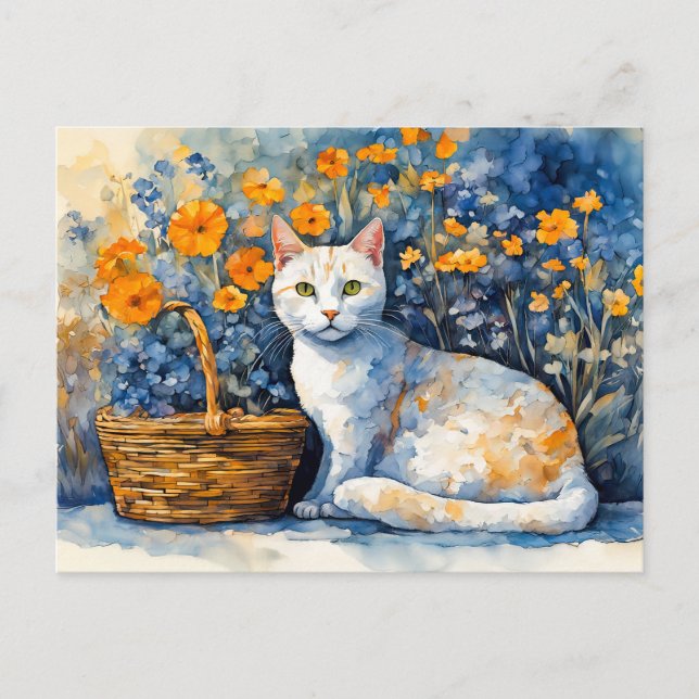 Carte Postale Chat blanc aquarelle dans le panier à fleurs (Devant)