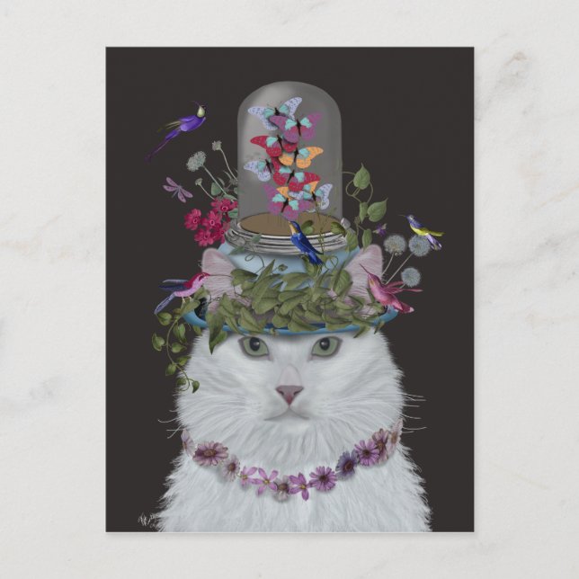 Carte Postale Chat blanc avec cloche papillon (Devant)