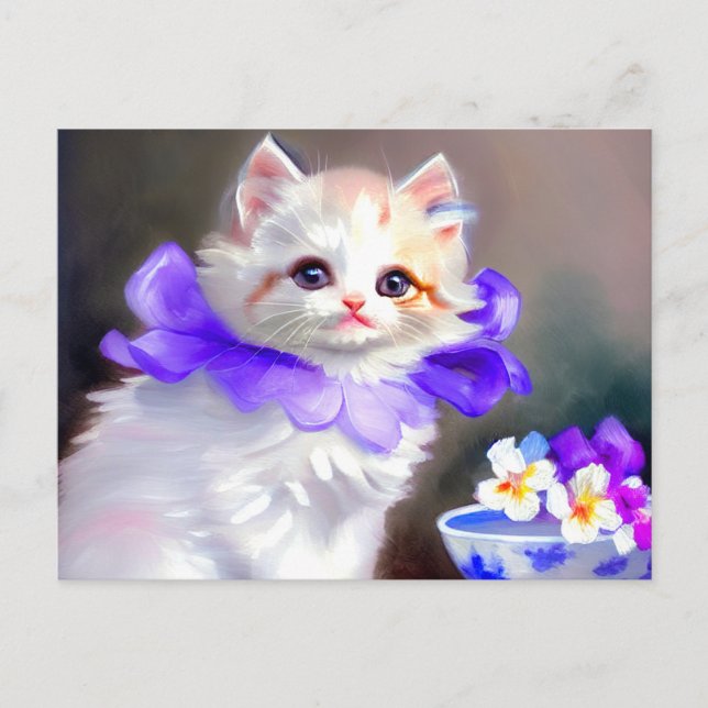 Carte Postale Chat blanc avec collier de fleurs violettes (Devant)