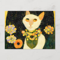 Chat blanc avec des fleurs. Peint dans le style Ar